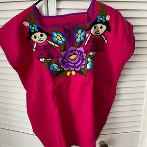 Embroidered Hot Pink Mexican Blouse with Floral & Doll Motif